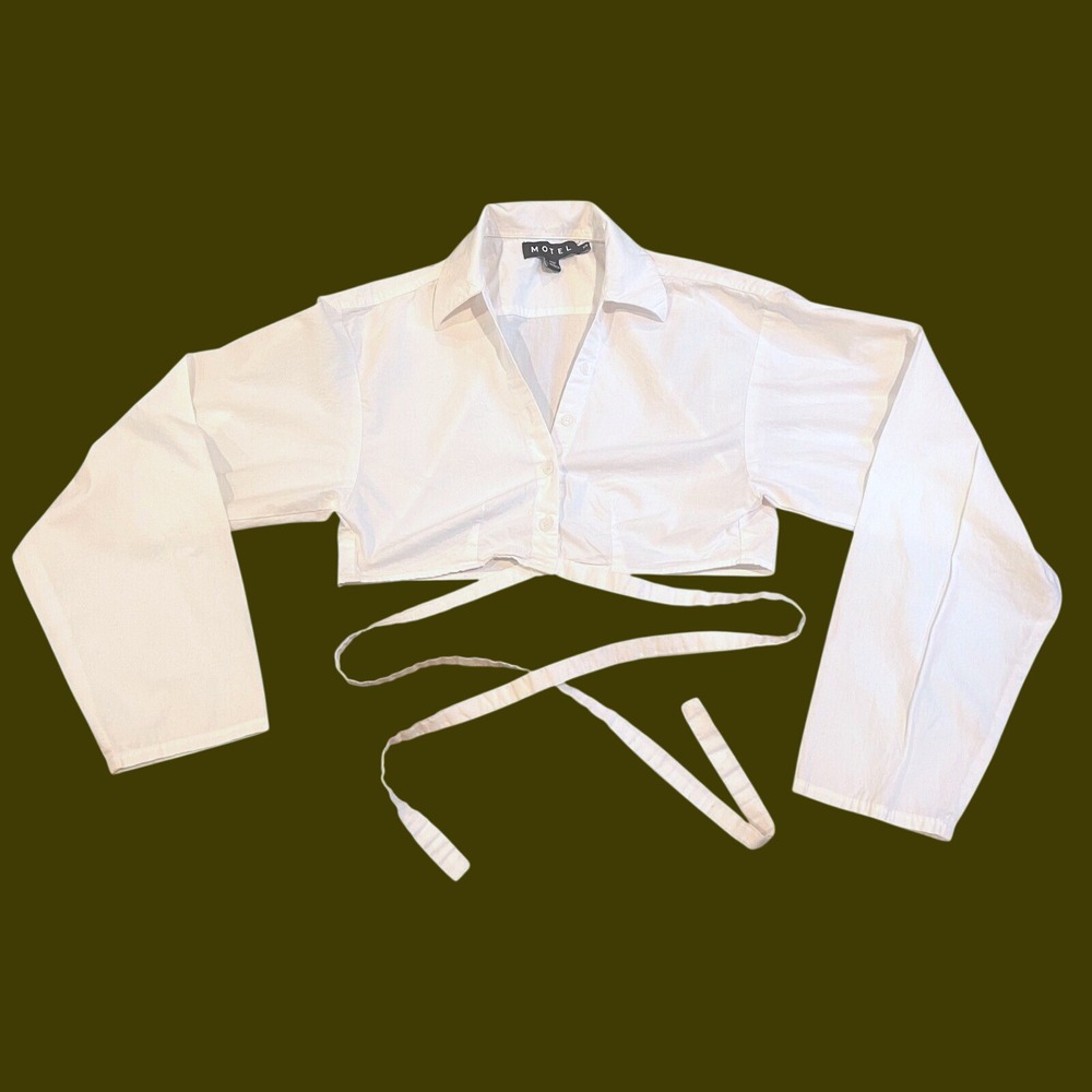 Women's White Crop Shirt Long Sleeve Wrap Around Tie Waist Button‎ Up Size XS
